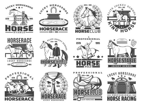 Horse race, polo and equestrian sport club vector icons. Isolated racehorses, jockeys, hippodrome and competition trophy cups, horseshoes, saddle, whip and harness, helmets, mallets and racetrack