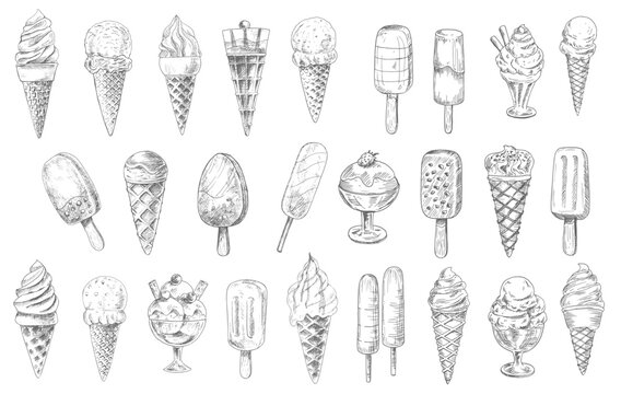 Ice cream cone, sundae dessert and stick vector sketches, hand drawn food. Ice cream waffle cones with vanilla and chocolate scoops, gelato, frozen sorbet and popsicle with strawberry flavor and nuts