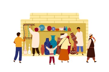 Arabic, Oriental, Eastern street haggling, market souk, local bazaar. People walking in marketplace. Tourist buy clay pot, plate, pottery, hookah. Flat vector cartoon illustration isolated on white