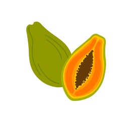 Ripe papaya cross section, half and whole exotic delicious fruit with black seeds. Flat vector cartoon illustration isolated on white background