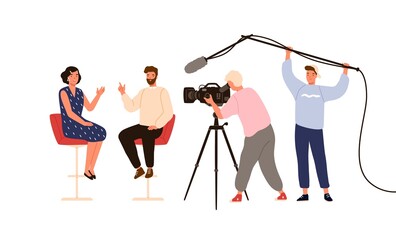Talk show studio with interviewing, discussing hosts. People recording tv program, cameraman, journalists at work. On air news. Flat vector cartoon illustration isolated on white background