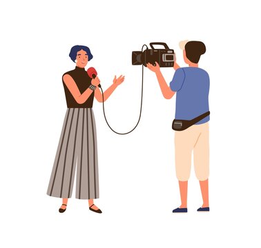 Woman Reporter And Operator. Correspondent People Make News Live Program, Real Time, On Air. TV Videographer Record, Shoot Newscast. Flat Vector Cartoon Illustration Isolated On White Background