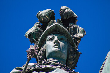 Closeup of the monument and the statue located at The Marquis of Pombal Square, an important roundabout in the city of Lisbon, the coastal capital city of Portugal 
