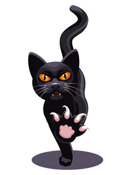 An angry black cat walks and stretches out its paw with claws forward. Character design isolated on white background.