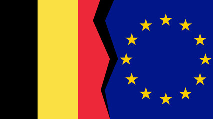 Vector illustration of the flags of the European Union and Belgium, with a split/tear/fissure in between, indicating a conflict/disagreement/parting between the two.