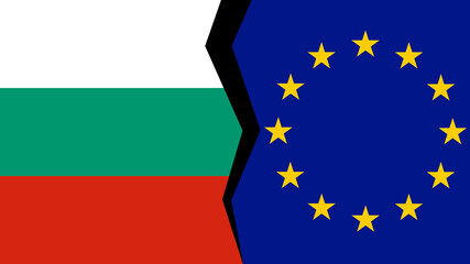 Vector illustration of the flags of the European Union and Bulgaria, with a split/tear/fissure in between, indicating a conflict/disagreement/parting between the two.