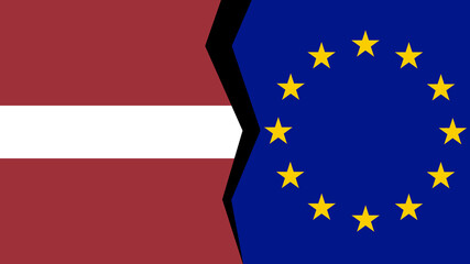 Vector illustration of the flags of the European Union and Latvia, with a split/tear/fissure in between, indicating a conflict/disagreement/parting between the two.