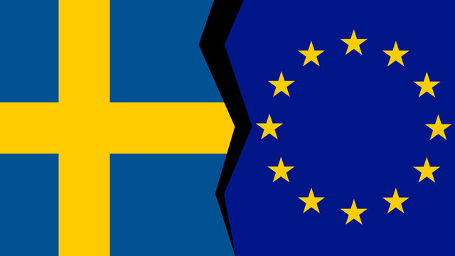 Vector illustration of the flags of the European Union and Sweden, with a split/tear/fissure in between, indicating a conflict/disagreement/parting between the two.