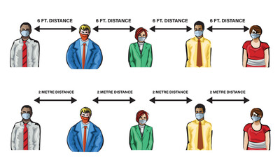 set of business office people in mask social distancing pandemic multi ethnicity mixed genders colored