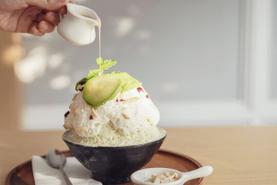 Healthy bingsu shaved ice dessert with almond and avocado topping, ketogenic low carb vegan plant-based dessert