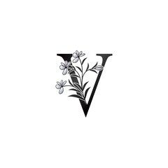 Nature Flower Initial Letter V Logo, Elegant Black and White Nature Flowers Ornate Style Vector Design.