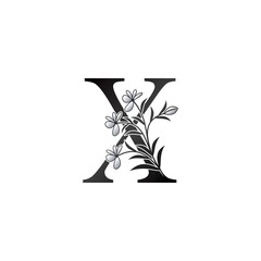 Nature Flower Initial Letter X Logo, Elegant Black and White Nature Flowers Ornate Style Vector Design.