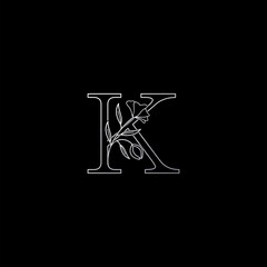 K Letter Outline Monogram Nature Beauty Flower Initial logo vector with concept ornate Flower leaf template design silver color.