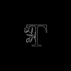 T Letter Outline Monogram Nature Beauty Flower Initial logo vector with concept ornate Flower leaf template design silver color.