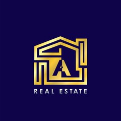 Fototapeta premium Golden A Line House Logo Template Design for Building Real Estate Business Identity Logo Icon.