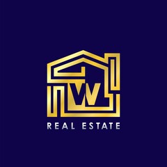 Golden W Line House Logo Template Design for Building Real Estate Business Identity Logo Icon.