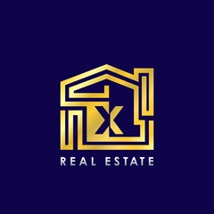 Golden X Line House Logo Template Design for Building Real Estate Business Identity Logo Icon.