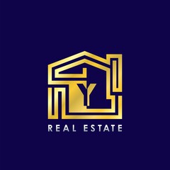 Golden Y Line House Logo Template Design for Building Real Estate Business Identity Logo Icon.