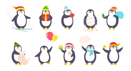 Penguin christmas cartoon set. Cute flat hand drawn penguins collection. New year smile happy character with santa hat, balloons, garland, gift ski, speech bubble. Isolated vector illustration