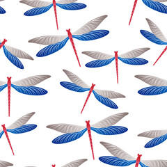 Dragonfly cute seamless pattern. Spring clothes textile print with flying adder insects. Flying 