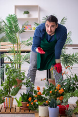 Fototapeta na wymiar Young male gardener with plants indoors