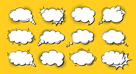 Speech bubble comic pop art cartoon set, template explosion cloud. Retro 80s-90s empty design elements halftone dot background. Speech thought blobs comics vintage banner. Vector illustration Isolated