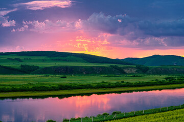 Fototapeta na wymiar Ergun River sunriseand sunset landscape in Linjiang Ergun city Inner Mongolia, China.
