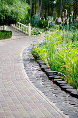 staircase with balusters in the city park by the pond