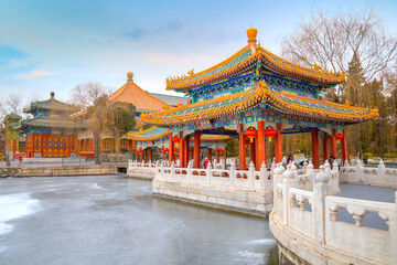 The Five-Dragon Pavilions at the north west of Beihai Park, in Beijing, China, built in Ming...
