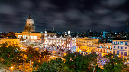 Havana, Cuba. Long Exposure at Night. Downtown skyline and Capitol with trail lights. The vibrant streets at night of the famous capital of the country.