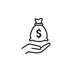 Money bag in hand line icon isolated on white background. Vector illustration
