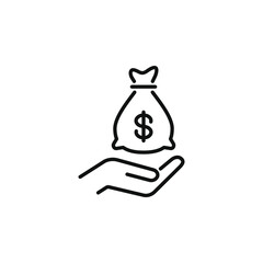 Money bag in hand line icon isolated on white background. Vector illustration