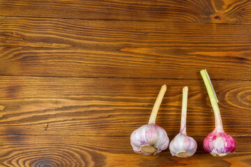 High Angle Still Life View of garlic on Rustic Wood Table