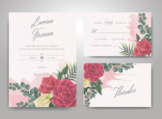 Wedding Invitation Template with Watercolor Splash and Elegant arrangement Flower and leaves
