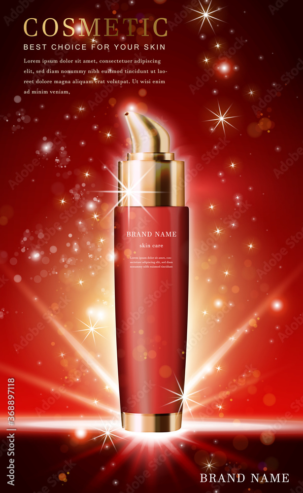 Poster vector 3d cosmetic make up illustration product essence bottle with shiny red background