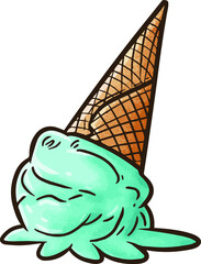 Funny and cute blue green ice cream falling on the floor