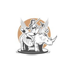 illustration of woman riding a rhinoceros licking a golf club and carrying a bottle of drink. and there are some pills. vector illustration