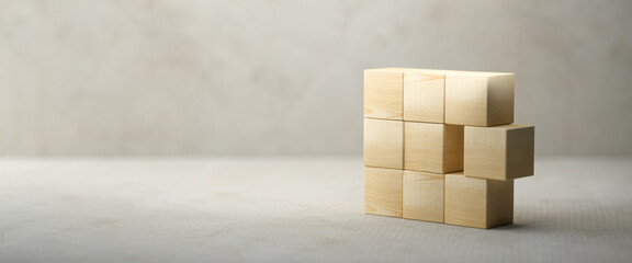 empty wooden cubes for own messages and icons on paper floor in front of a concrete wall