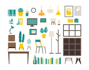 Fototapeta premium Set of vector interiors with furniture. Isolated modern flat vector illustrations of various interiors.