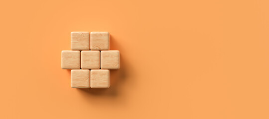 empty wooden cubes in the shape of a hexagon for own messages and icons on colorful background