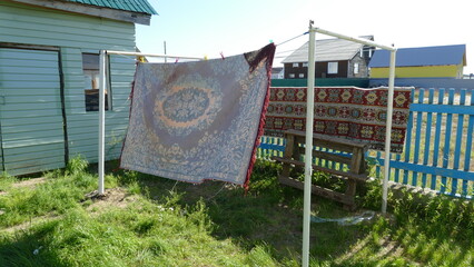 Laundry is dried on a rope outside