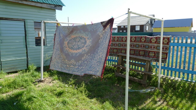 Laundry is dried on a rope outside