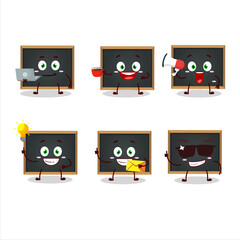 Blackboard cartoon character with various types of business emoticons