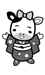 年賀状用着物姿の牛の少女