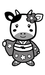 年賀状用着物姿の牛のお姉さん