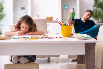 Drunk father and little girl indoors