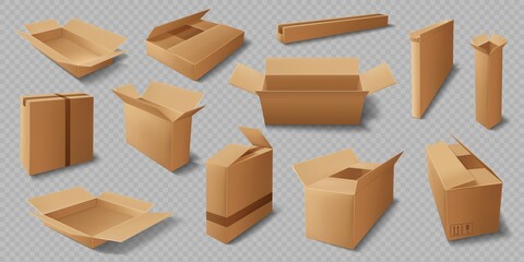 Cardboard boxes, realistic vector mockup of delivery packages. Isolated brown carton or paper cargo shipping parcels, open and closed packs, warehouse storage crates and containers 3d design