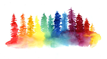 Abstract watercolor landscape of the rainbow forest. For use in design.