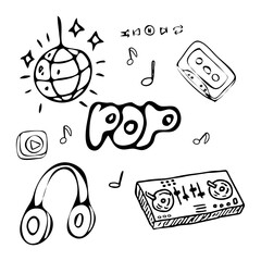 Set of hand drawn doodle pop music objects, retro isolated on white background stock vector illustration