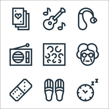 Retirement Home Line Icons. Linear Set. Quality Vector Line Set Such As Clock, Slippers, Domino Piece, Grandmother, Eye Test, Radio, Hearing Aid, Guitar.